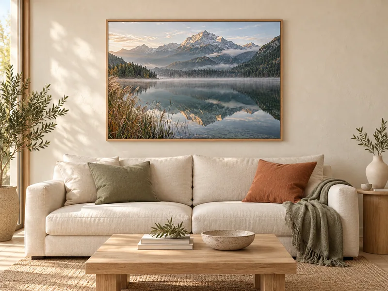 Gestaltungsbeispiel: Ein Foto von Bergen und einem See als Wandbild über einem Sofa.