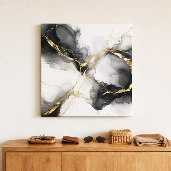 Leinwandbild Tintenwolken und Goldlinien