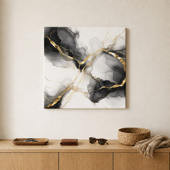 Leinwandbild Tintenwolken und Goldlinien