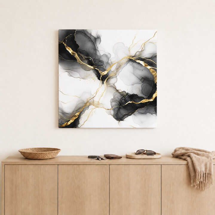 Leinwandbild Tintenwolken und Goldlinien