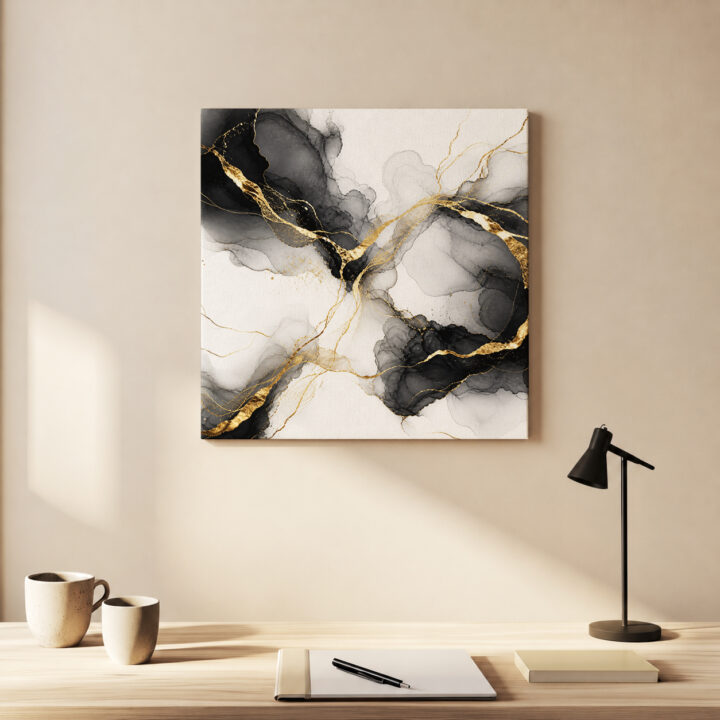 Leinwandbild Tintenwolken und Goldlinien