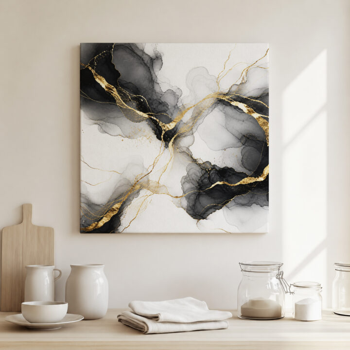 Leinwandbild Tintenwolken und Goldlinien