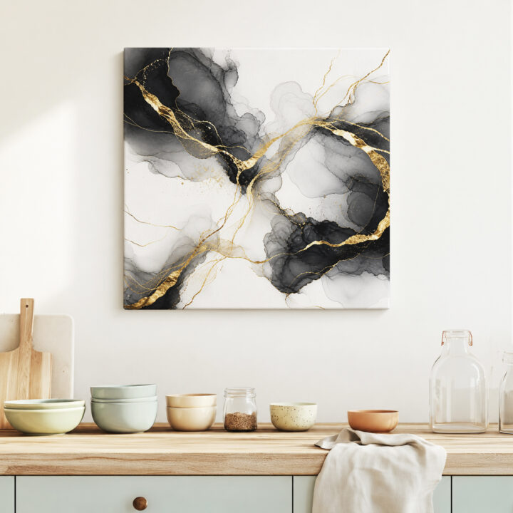 Leinwandbild Tintenwolken und Goldlinien