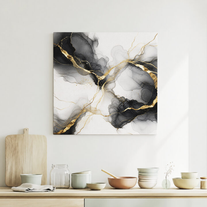 Leinwandbild Tintenwolken und Goldlinien
