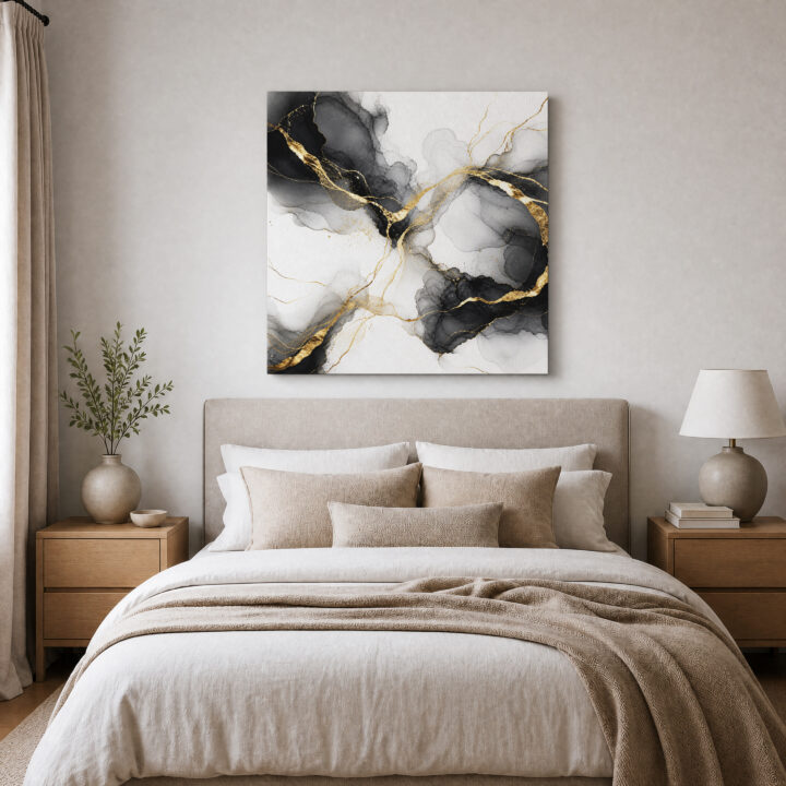 Leinwandbild Tintenwolken und Goldlinien