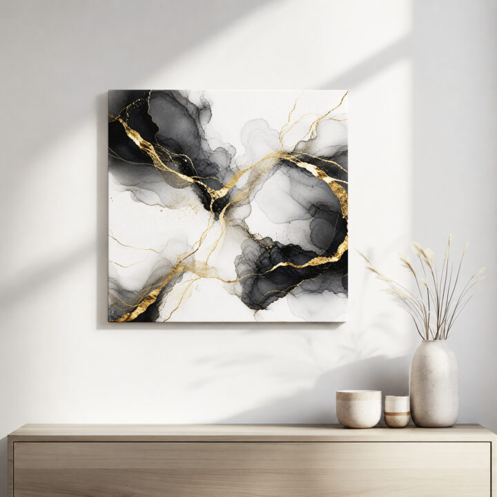 Leinwandbild Tintenwolken und Goldlinien