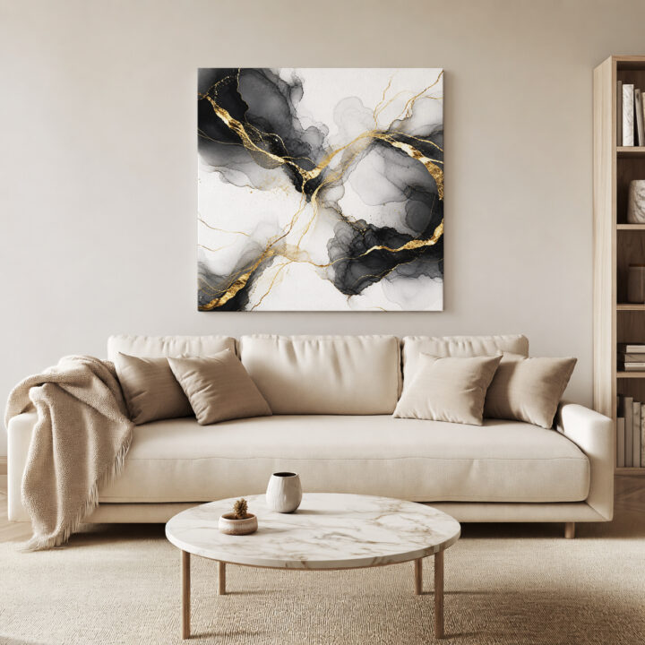 Leinwandbild Tintenwolken und Goldlinien