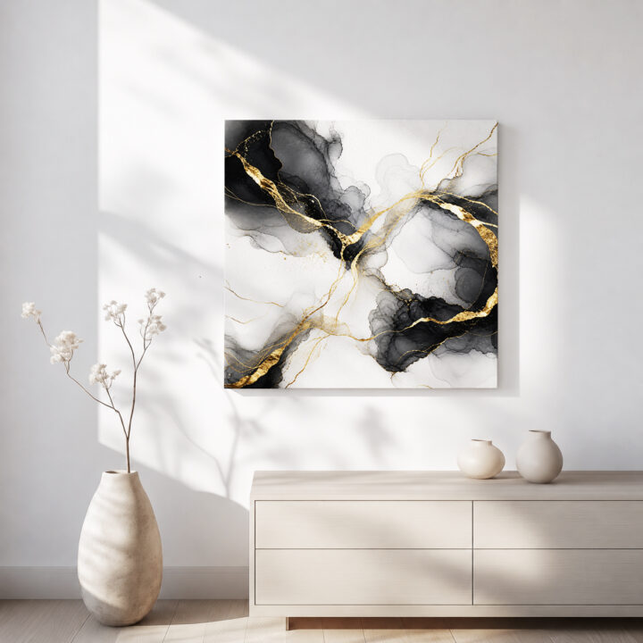 Leinwandbild Tintenwolken und Goldlinien