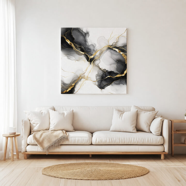 Leinwandbild Tintenwolken und Goldlinien