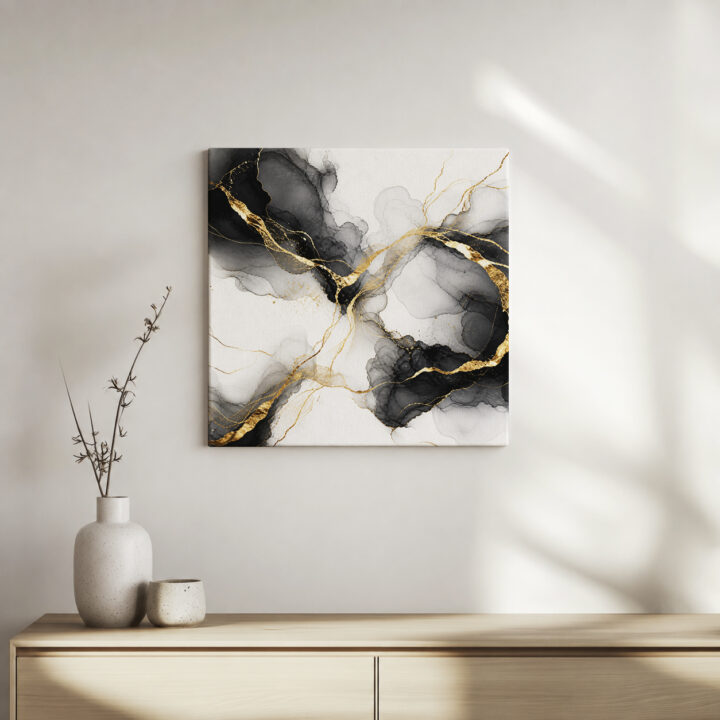 Leinwandbild Tintenwolken und Goldlinien