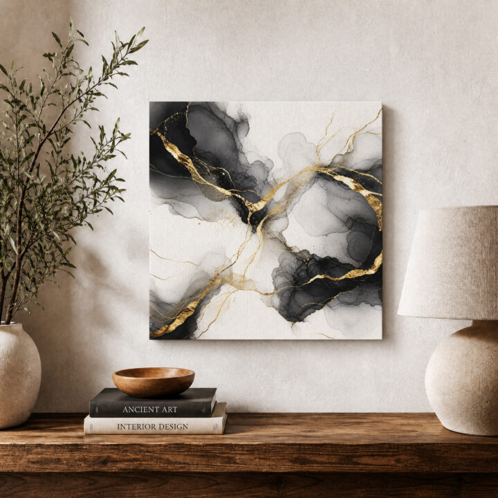 Leinwandbild Tintenwolken und Goldlinien