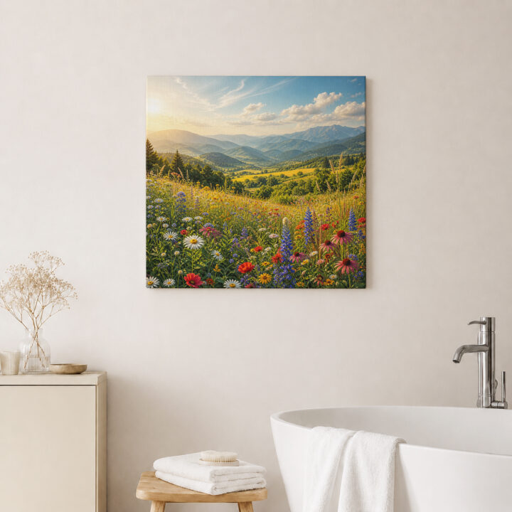 Leinwandbild Gebirgstal mit Wildblumen