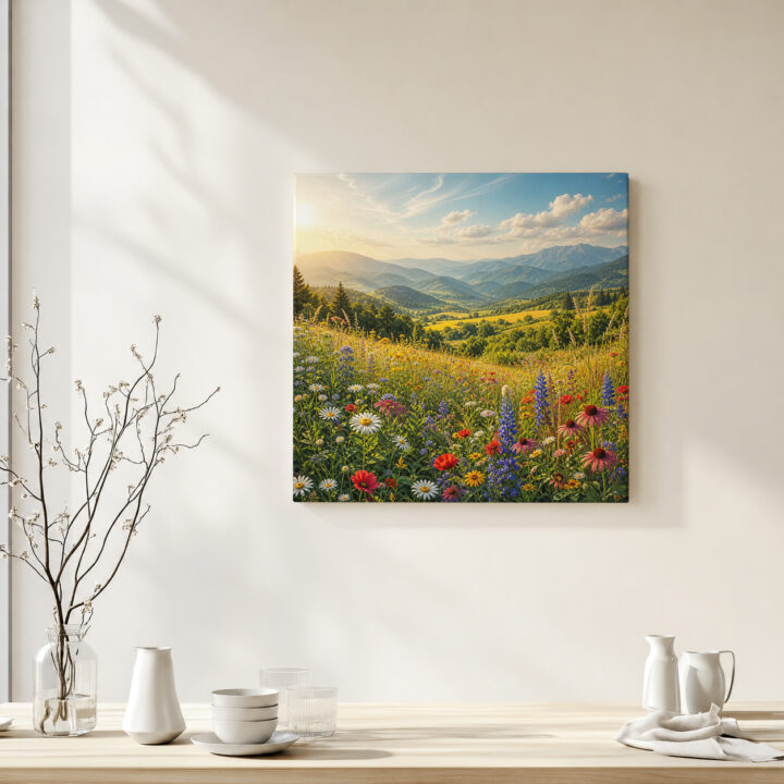 Leinwandbild Gebirgstal mit Wildblumen