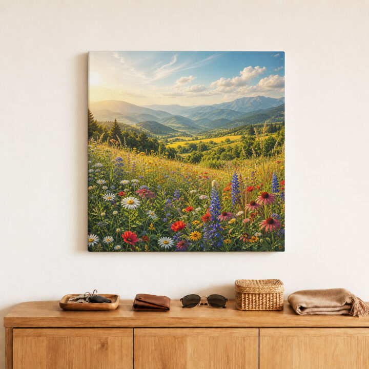 Leinwandbild Gebirgstal mit Wildblumen