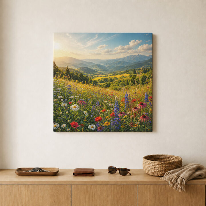 Leinwandbild Gebirgstal mit Wildblumen