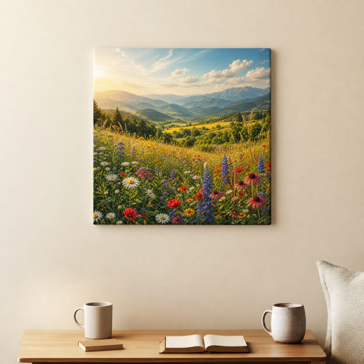 Leinwandbild Gebirgstal mit Wildblumen