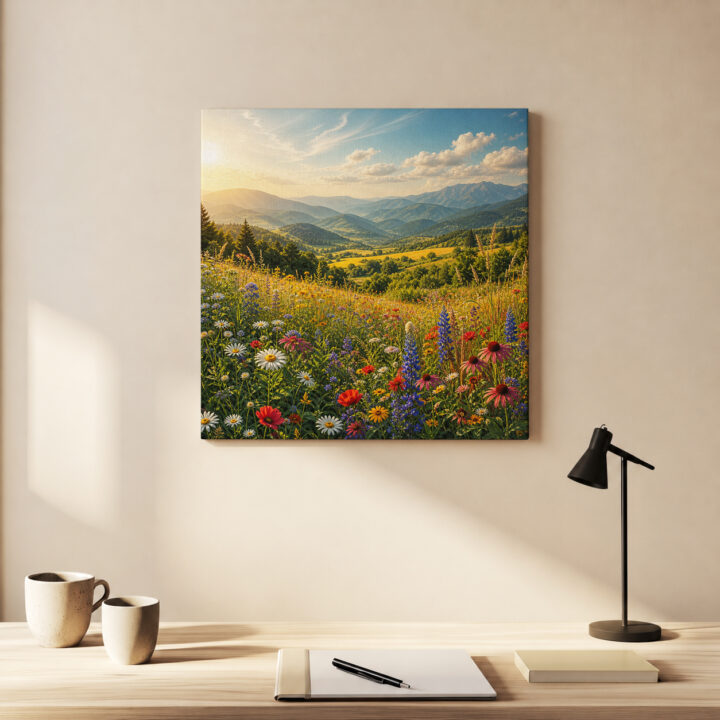 Leinwandbild Gebirgstal mit Wildblumen