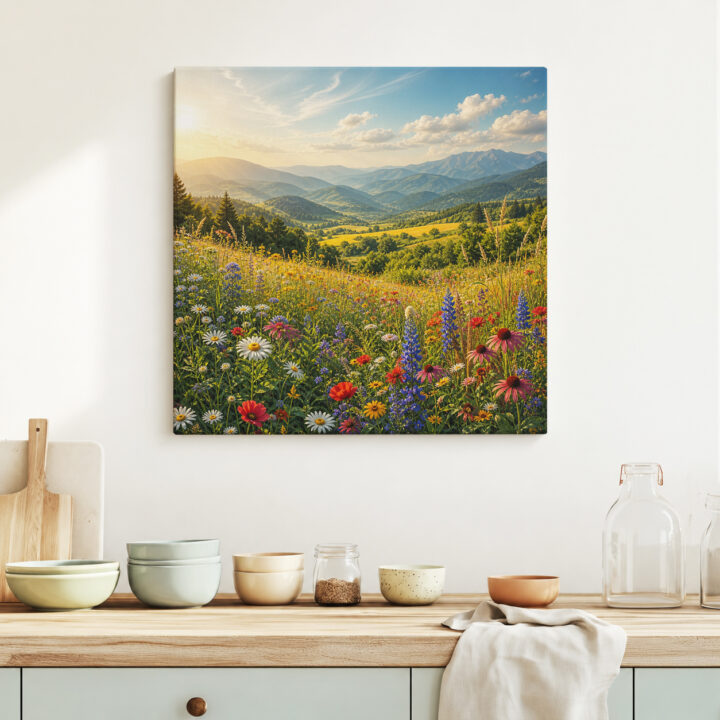 Leinwandbild Gebirgstal mit Wildblumen