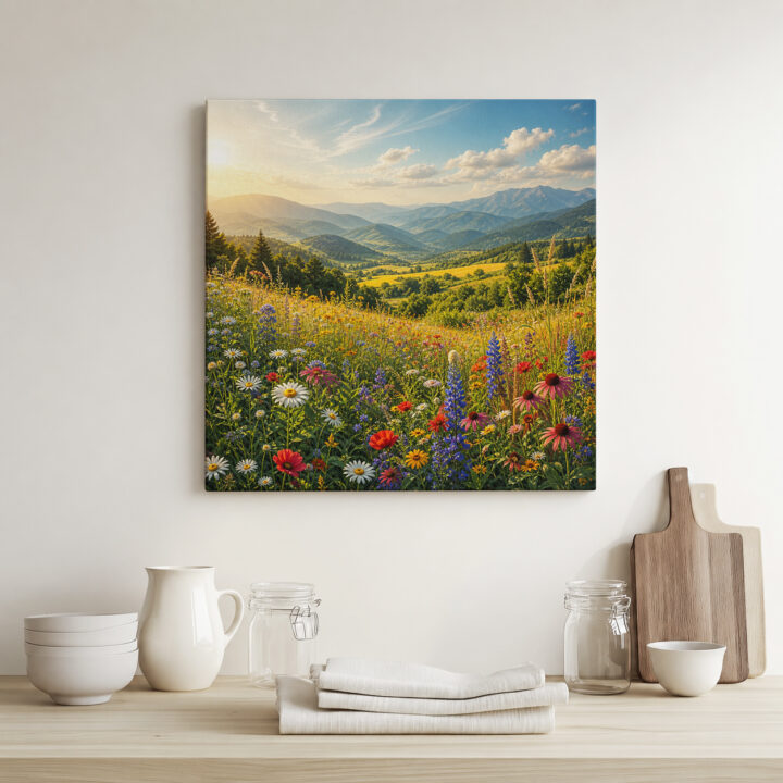 Leinwandbild Gebirgstal mit Wildblumen