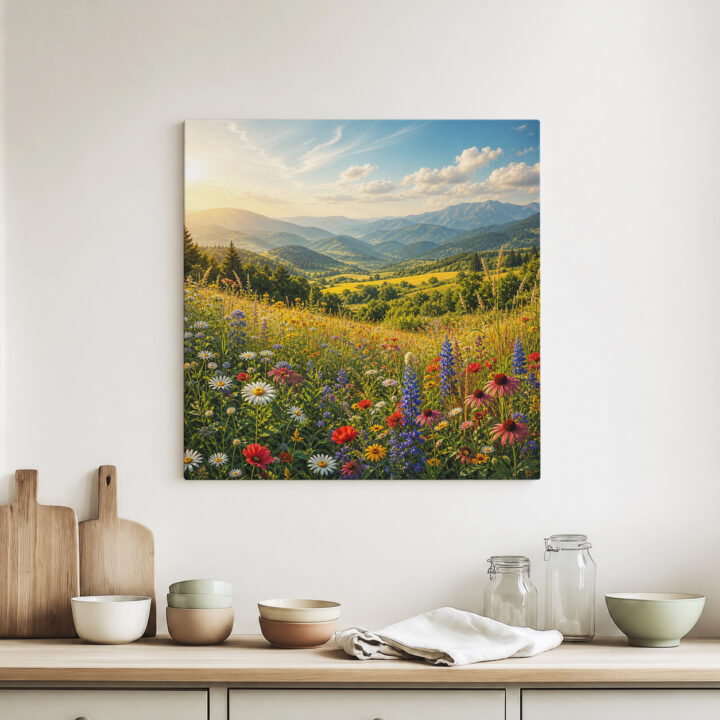 Leinwandbild Gebirgstal mit Wildblumen