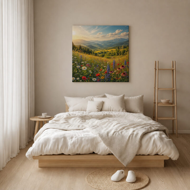 Leinwandbild Gebirgstal mit Wildblumen