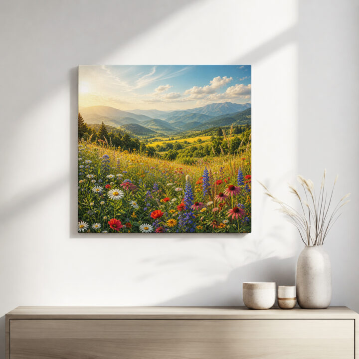 Leinwandbild Gebirgstal mit Wildblumen