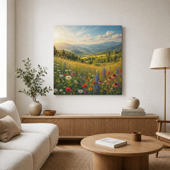 Leinwandbild Gebirgstal mit Wildblumen