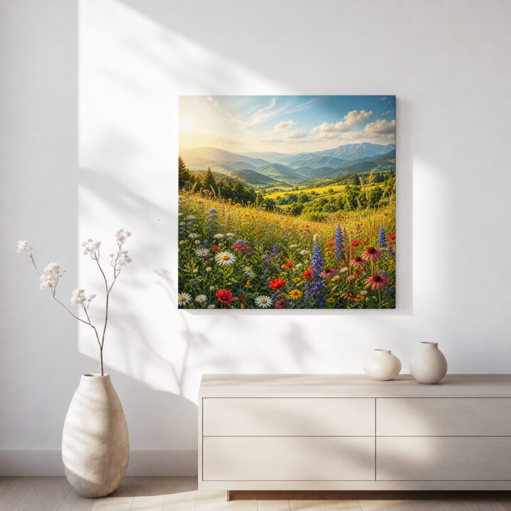 Leinwandbild Gebirgstal mit Wildblumen