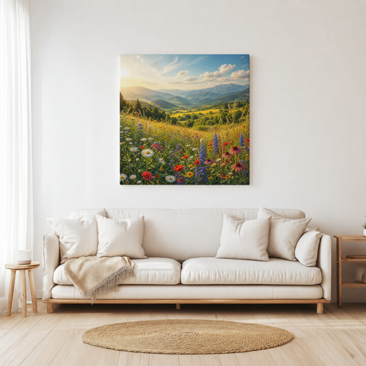 Leinwandbild Gebirgstal mit Wildblumen