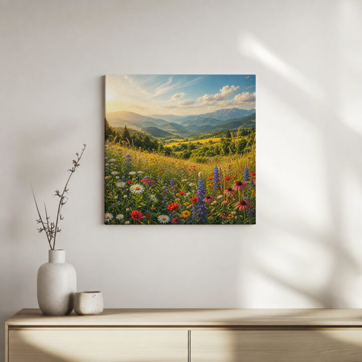Leinwandbild Gebirgstal mit Wildblumen