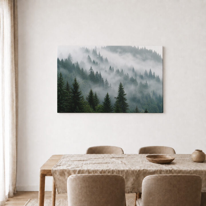 Leinwandbild Nadelwald im Morgennebel