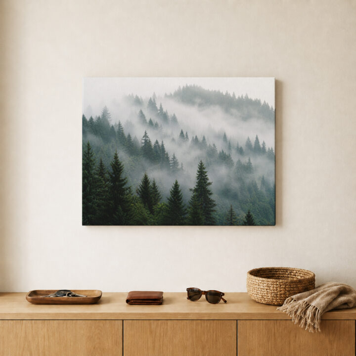 Leinwandbild Nadelwald im Morgennebel