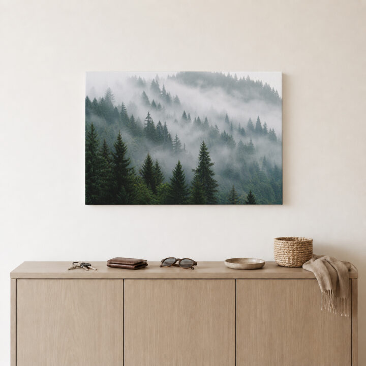 Canvas print Conifer Forest in Morning Mist