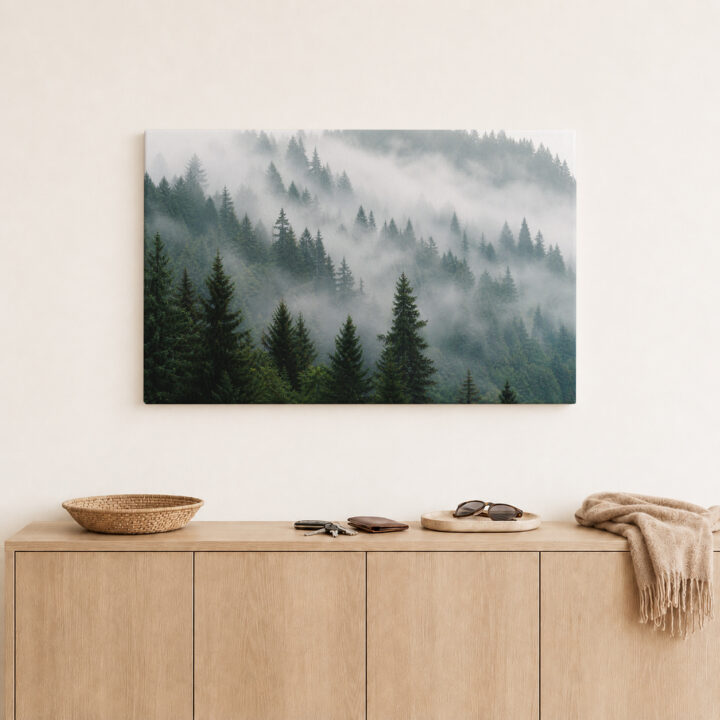 Leinwandbild Nadelwald im Morgennebel