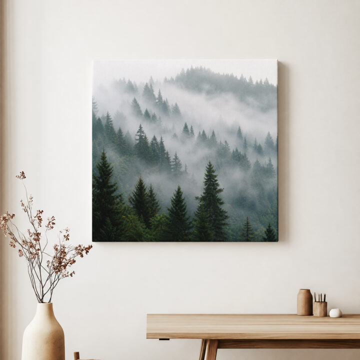Canvas print Conifer Forest in Morning Mist