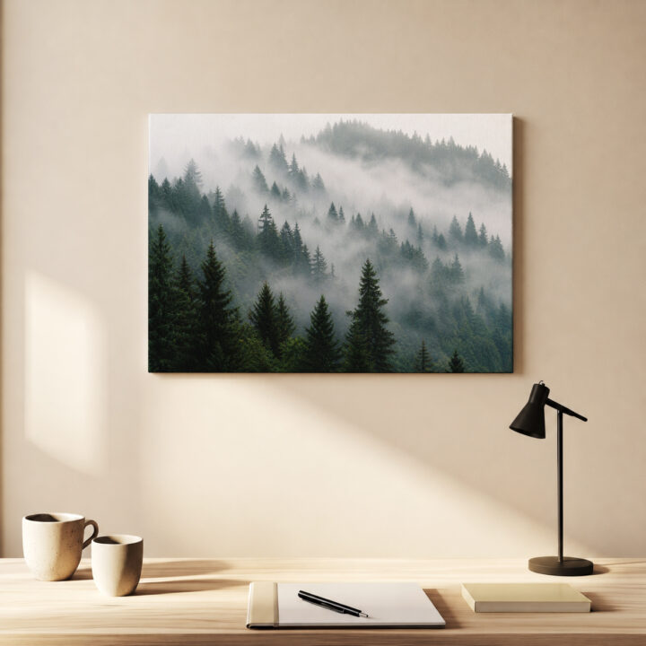 Leinwandbild Nadelwald im Morgennebel