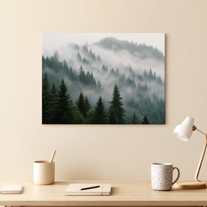 Leinwandbild Nadelwald im Morgennebel