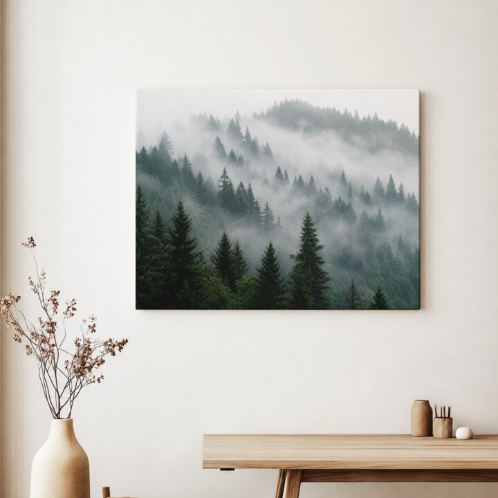 Leinwandbild Nadelwald im Morgennebel