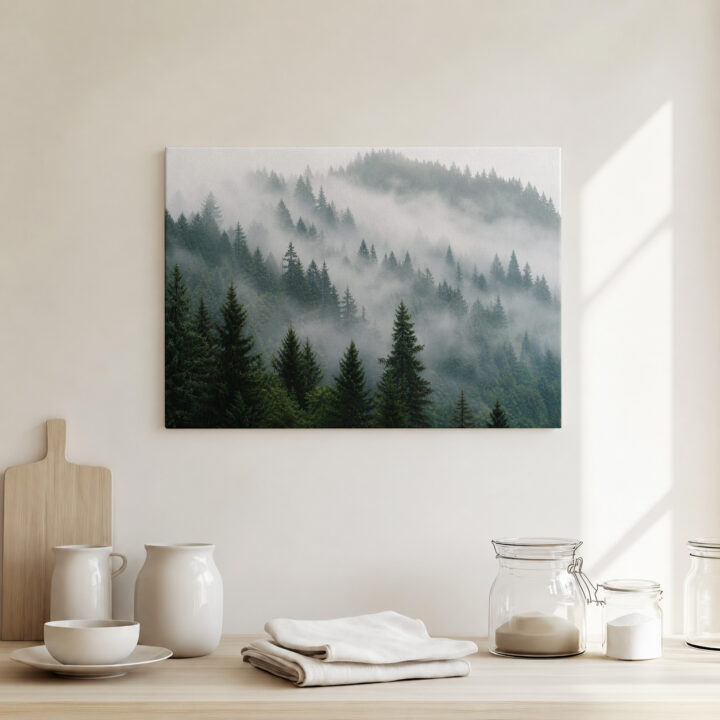 Leinwandbild Nadelwald im Morgennebel