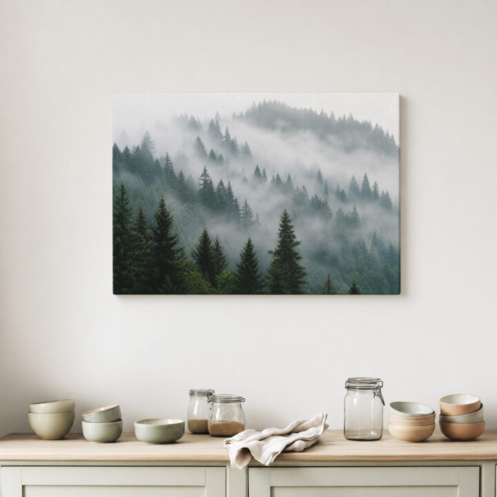 Canvas print Conifer Forest in Morning Mist
