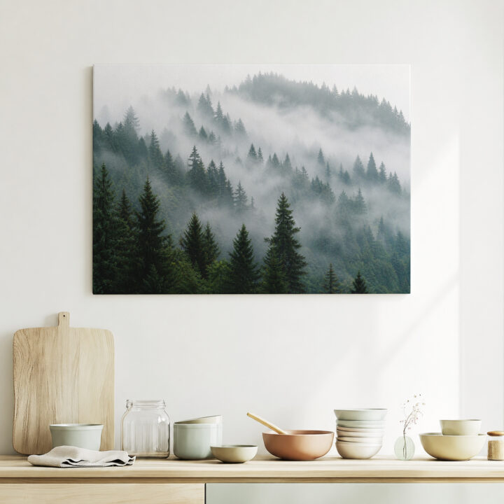 Leinwandbild Nadelwald im Morgennebel