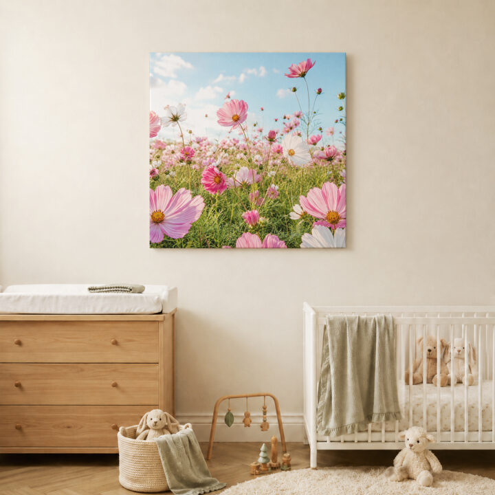 Leinwandbild Rosa Kosmeen im Sonnenlicht