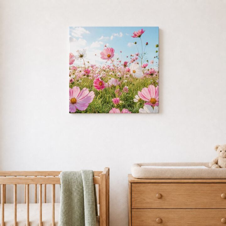 Leinwandbild Rosa Kosmeen im Sonnenlicht