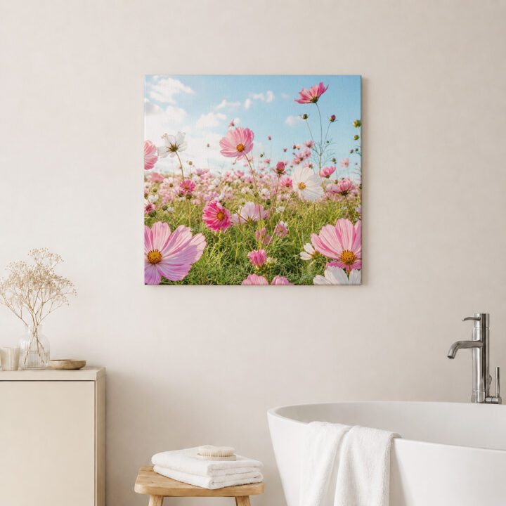 Leinwandbild Rosa Kosmeen im Sonnenlicht