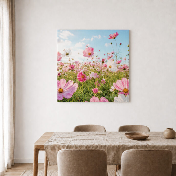 Leinwandbild Rosa Kosmeen im Sonnenlicht