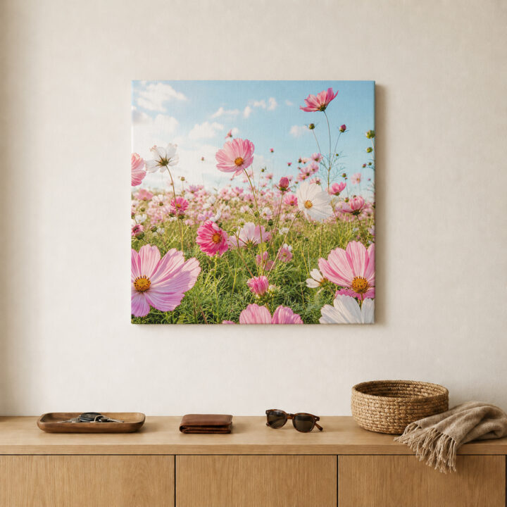 Leinwandbild Rosa Kosmeen im Sonnenlicht