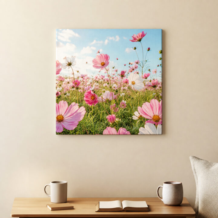 Leinwandbild Rosa Kosmeen im Sonnenlicht