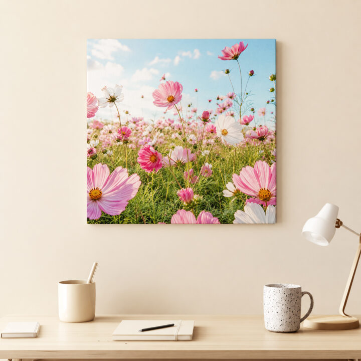 Leinwandbild Rosa Kosmeen im Sonnenlicht