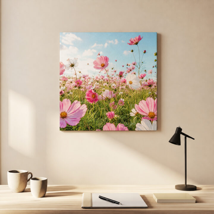 Leinwandbild Rosa Kosmeen im Sonnenlicht