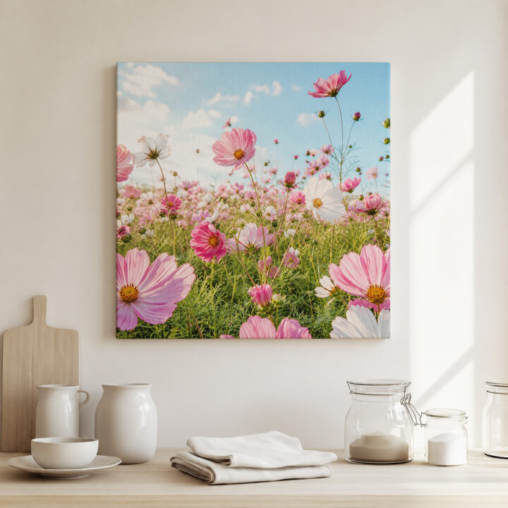 Leinwandbild Rosa Kosmeen im Sonnenlicht